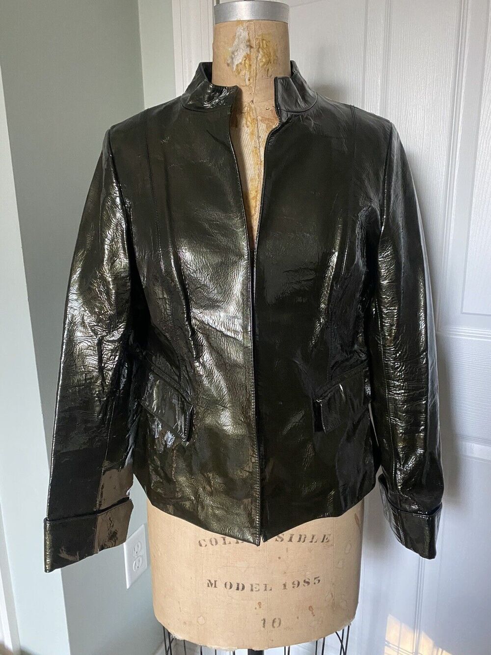 Lafayette 148 Shiny Patent Leather Jacket Womens 6 Blazer Dark Green Olive